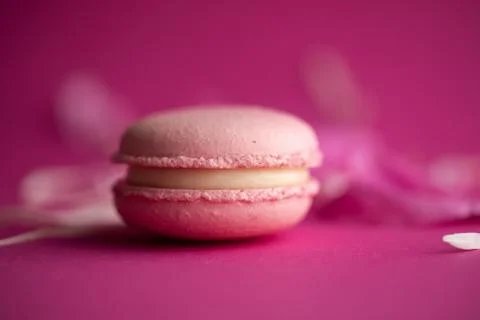 Pink macarons macro on pink background Stock Photos