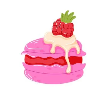 Pink macaroon with spreadable cream and raspberry on top in cartoon style Stock Illustration