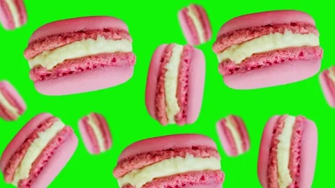 Pink Macaroons cookie flying and wiggle. 4k - Valentine's Video stock 168618563