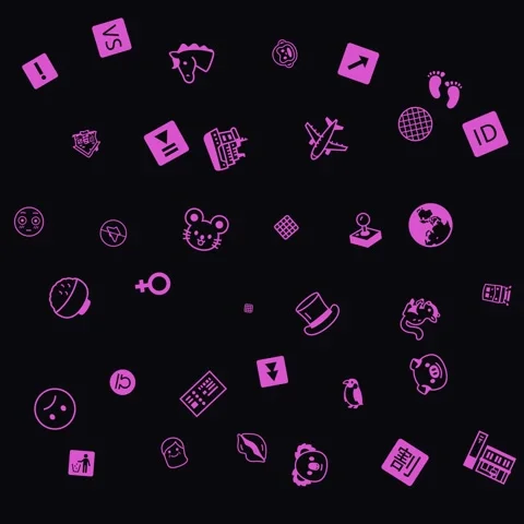 Pink Magenta Icons Pattern, Doodle Symbols Drifting on Black Background Stock Footage 331546009
