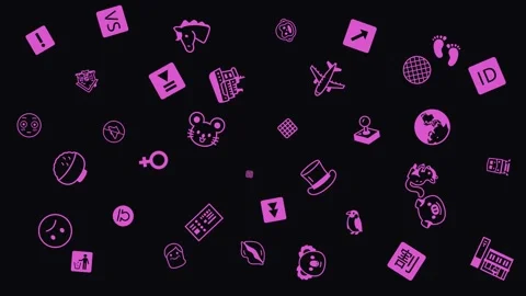 Pink Magenta Icons Pattern, Doodle Symbols Drifting on Black Background Stock Footage 331546012