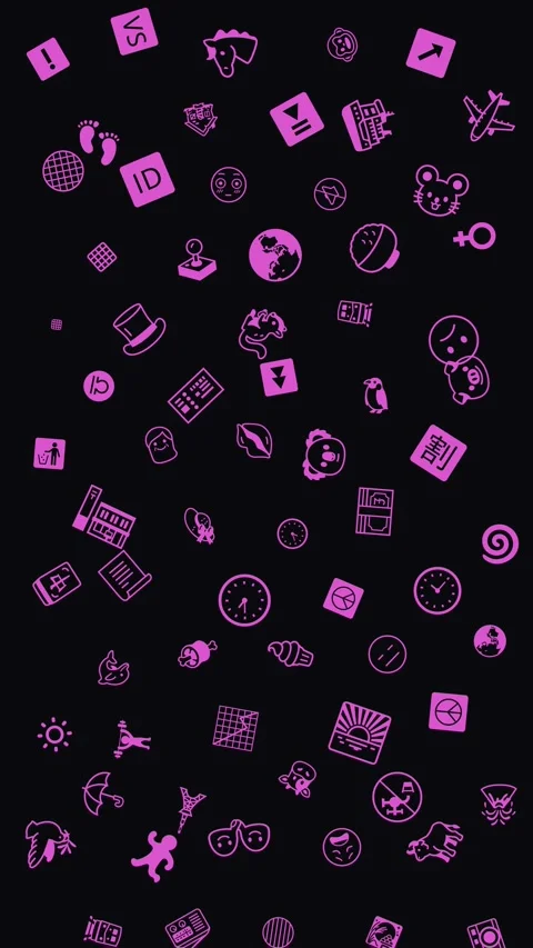 Pink Magenta Icons Pattern, Doodle Symbols Drifting on Black Background Stock Footage 331546013