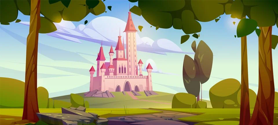 Pink magic castle on green hill, fairy tale palace Stock Illustration