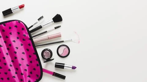 Pink makeup case with cosmetics brushes. High quality beautiful photo concept Stock Photos