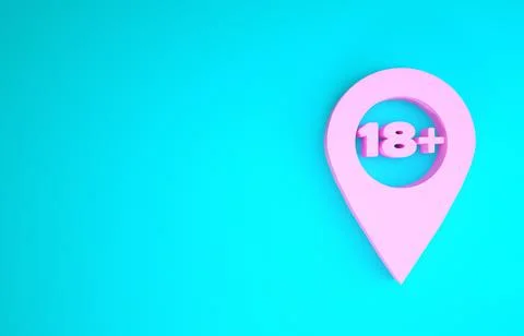 Pink Map pointer with 18 plus icon isolated on blue background. Age restricti Stock Illustration