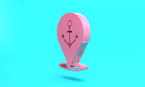Pink Map pointer with anchor icon isolated on turquoise blue background. Mini Stock Illustration