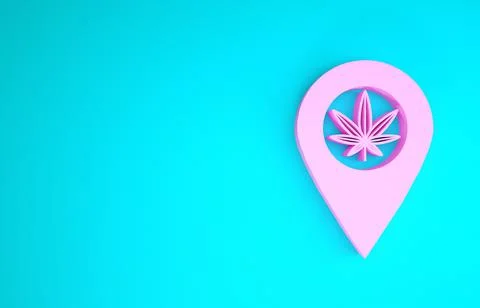 Pink Map pointer and marijuana or cannabis leaf icon isolated on blue backgro 스톡 일러스트
