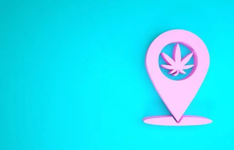 Pink Map pointer and marijuana or cannabis leaf icon isolated on blue backgro Stock Illustration