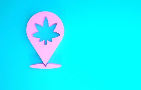 Pink Map pointer and marijuana or cannabis leaf icon isolated on blue backgro Stockillustratie