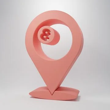 Pink Map pointer with billiard pool snooker ball with number 8 icon isolate.. Stock Illustration