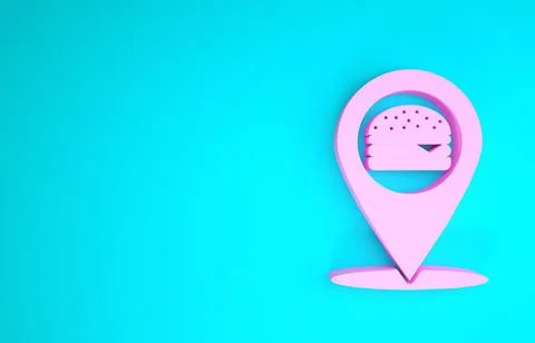 Pink Map pointer with fast food burger icon isolated on blue background. Mini Stockillustratie