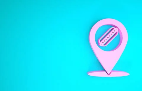 Pink Map pointer with fast food hotdog icon isolated on blue background. Saus 스톡 일러스트