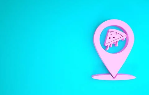 Pink Map pointer with fast food slice pizza icon isolated on blue background. 스톡 일러스트