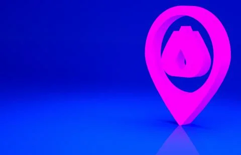 Pink Map pointer with fire flame icon isolated on blue background. Fire nearb 스톡 일러스트