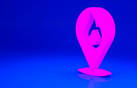 Pink Map pointer with fire flame icon isolated on blue background. Fire nearb Stock Illustration
