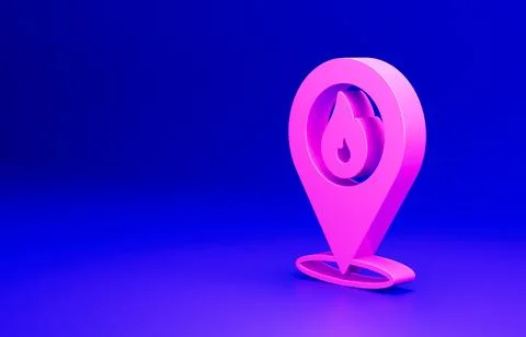 Pink Map pointer with fire flame icon isolated on blue background. Fire nearby Stock Illustration