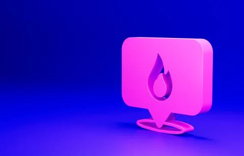 Pink Map pointer with fire flame icon isolated on blue background. Fire nearby Stockillustratie