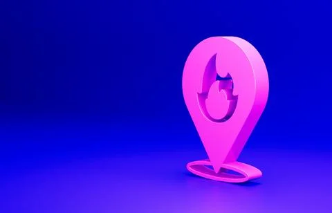 Pink Map pointer with fire flame icon isolated on blue background. Fire nearby 스톡 일러스트