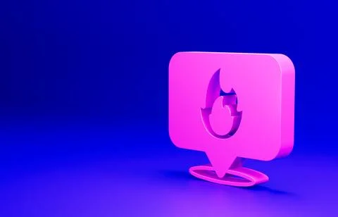 Pink Map pointer with fire flame icon isolated on blue background. Fire nearby 스톡 일러스트