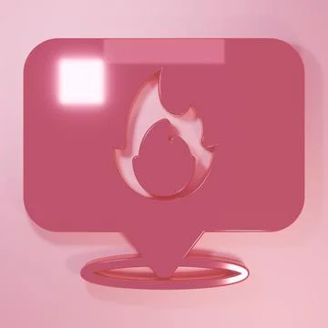Pink Map pointer with fire flame icon isolated on pink background. Fire nea.. Illustrazione stock
