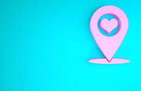 Pink Map pointer with heart icon isolated on blue background. Minimalism conc Stock Illustration