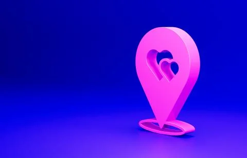 Pink Map pointer with heart icon isolated on blue background. Valentines day Stock Illustration
