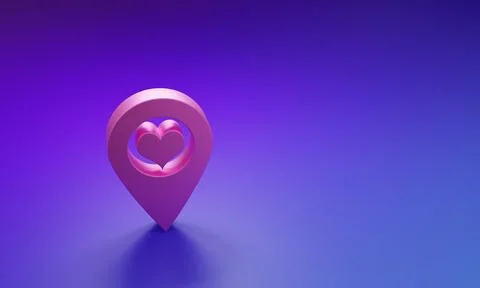 Pink Map pointer with heart icon isolated on purple-blue background. Minima.. 스톡 일러스트