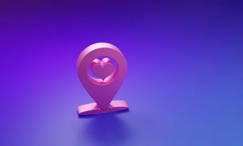 Pink Map pointer with heart icon isolated on purple-blue background. Minima.. Stock Photos