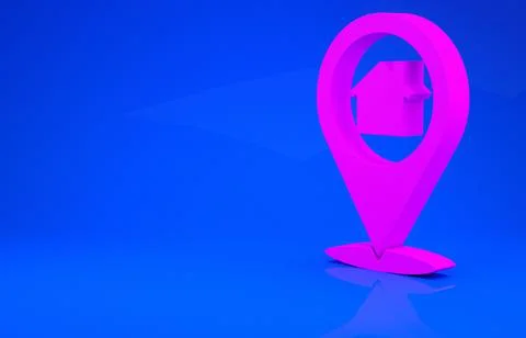 Pink Map pointer with house icon isolated on blue background. Home location m Stockillustratie