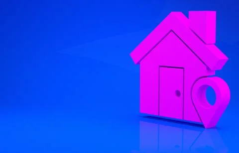 Pink Map pointer with house icon isolated on blue background. Home location m Stock Illustration