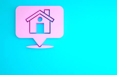 Pink Map pointer with house icon isolated on blue background. Home location m 스톡 일러스트