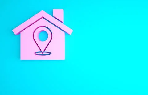 Pink Map pointer with house icon isolated on blue background. Home location m Stock Illustration