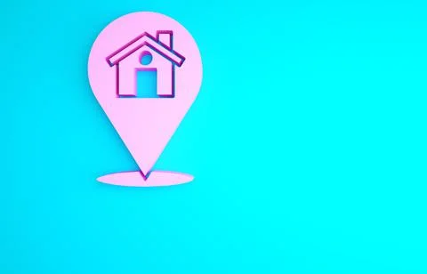 Pink Map pointer with house icon isolated on blue background. Home location m Stock Illustration