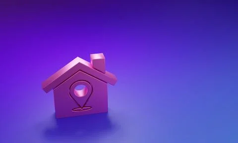 Pink Map pointer with house icon isolated on purple-blue background. Home l.. 스톡 일러스트