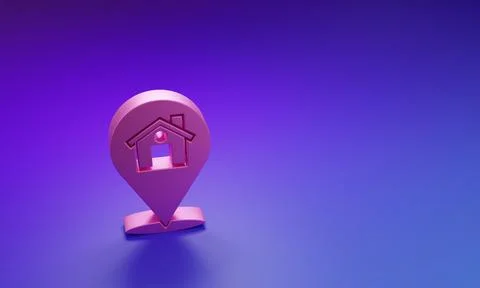 Pink Map pointer with house icon isolated on purple-blue background. Home l.. 스톡 일러스트