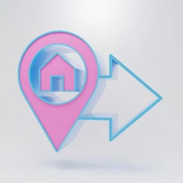 Pink Map pointer with house icon isolated on grey background. Home location.. Stock Illustration