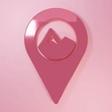 Pink Map pointer with mountain icon isolated on pink background. Mountains .. 스톡 일러스트