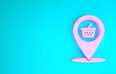 Pink Map pointer with shopping basket icon isolated on blue background. Pin p 스톡 일러스트