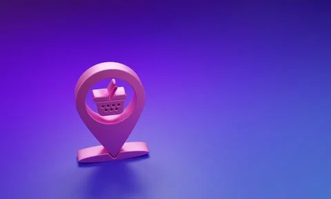 Pink Map pointer with shopping basket icon isolated on purple-blue backgrou.. Stock Photos