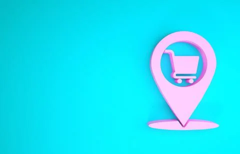 Pink Map pointer with shopping cart icon isolated on blue background. Pin poi 스톡 일러스트
