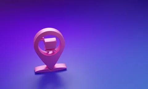 Pink Map pointer with shopping cart icon isolated on purple-blue background.. 스톡 일러스트