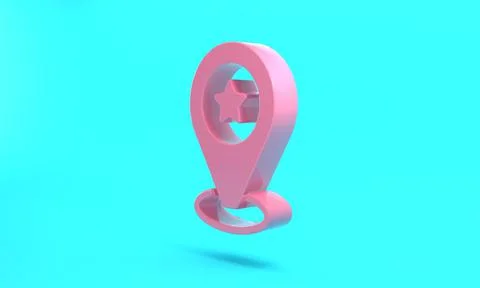 Pink Map pointer with star icon isolated on turquoise blue background. Star f Stock Illustration