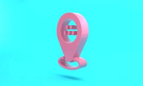 Pink Map pointer with taxi car icon isolated on turquoise blue background. Lo Stock Illustration