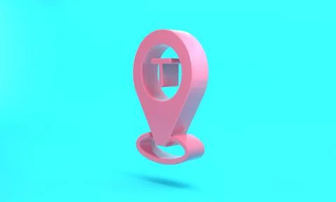 Pink Map pointer with taxi car icon isolated on turquoise blue background. Lo 스톡 일러스트