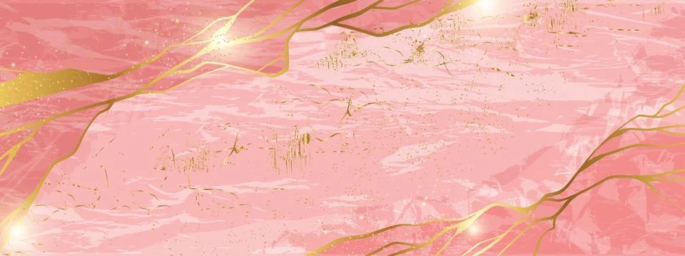 Pink marble background, vector rose stone texture wallpaper, golden crack Stock Illustration