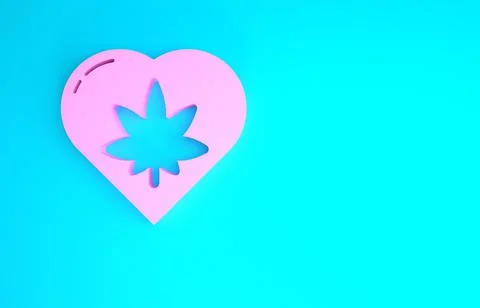 Pink Marijuana leaf in heart shape icon isolated on blue background. Hemp sym Illustrazione stock