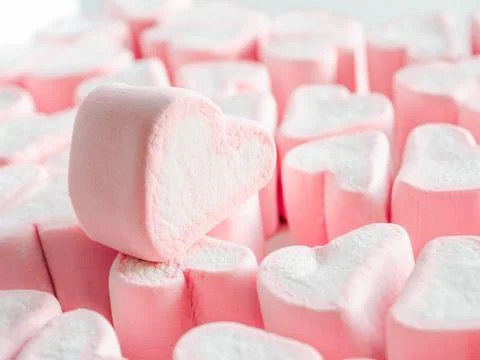 Pink marshmallow close up background, Many hearts marshmallows closeup, Sweets Stock Photos