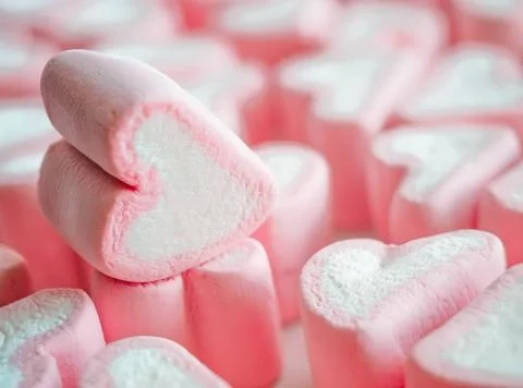 Pink marshmallow close up background, Many hearts marshmallows closeup, Sweets Stock Photos