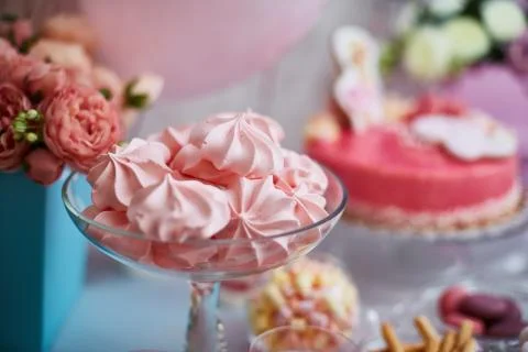 Pink marshmallows on a candy bar decorated on a sweet table Stock Photos