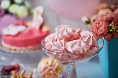Pink marshmallows on a candy bar decorated on a sweet table Stock Photos